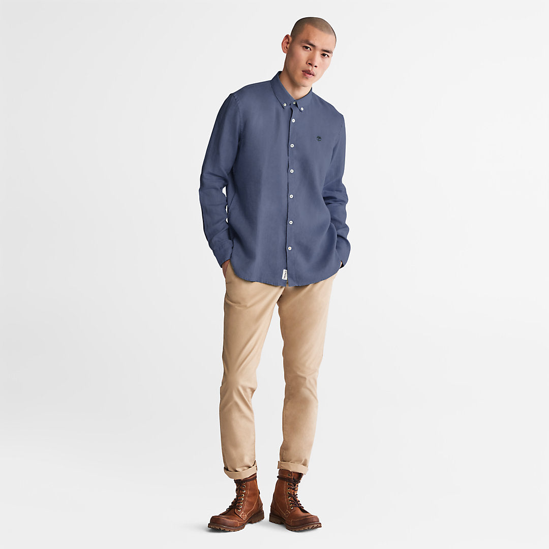 Mens Mill River Slim-Fit Linen Shirt for Men in Blue or Navy - Timberland